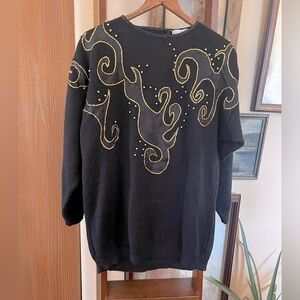 Vintage Black Acrylic Abstract Sweater w Gold Detail and Gold Balls Size Medium